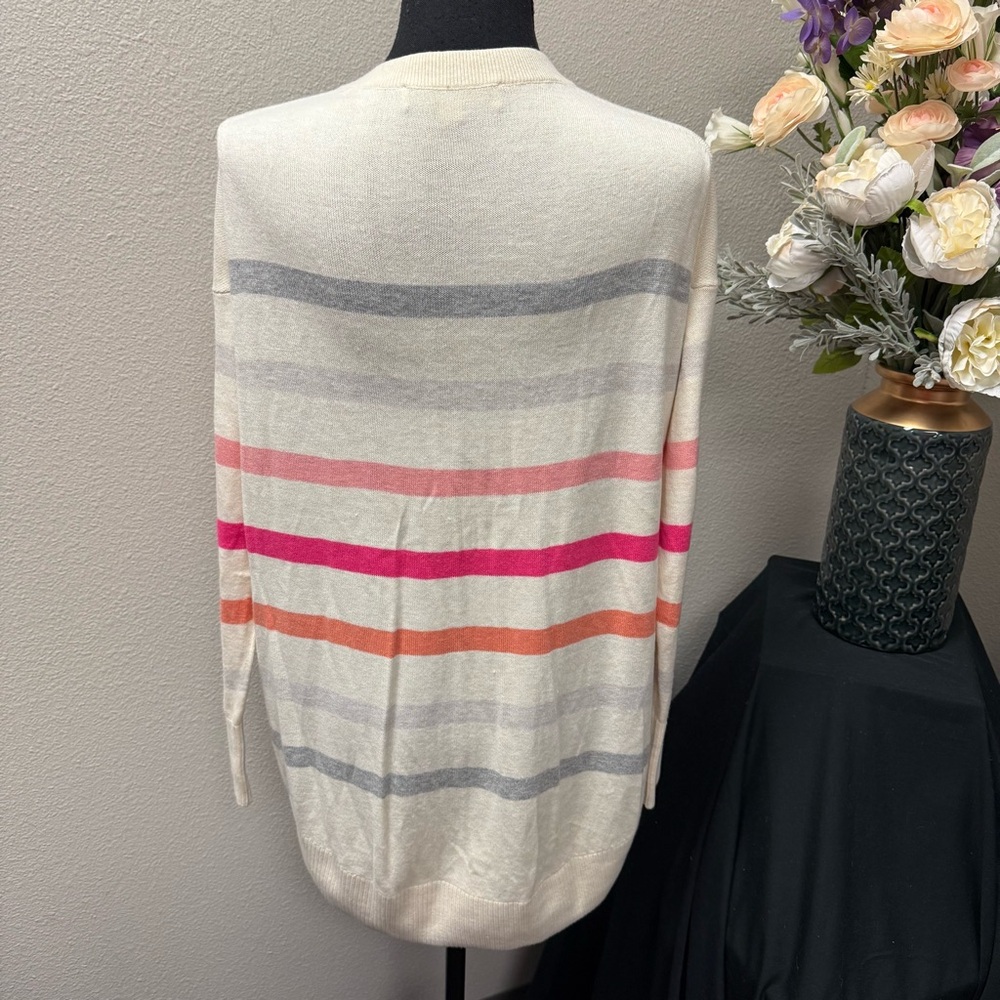 LOFT Cream Multicolor Stripe V-Neck Sweater S Soft Lightweight Knit Spring - Picture 3 of 7